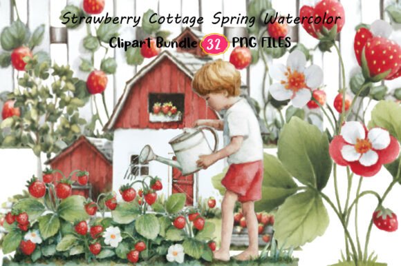 Download Strawberry Cottage Spring Watercolor - Premium Resources